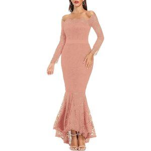 Women's Floral Lace Long Sleeve Off Shoulder Wedding Mermaid Dress Light Pink
